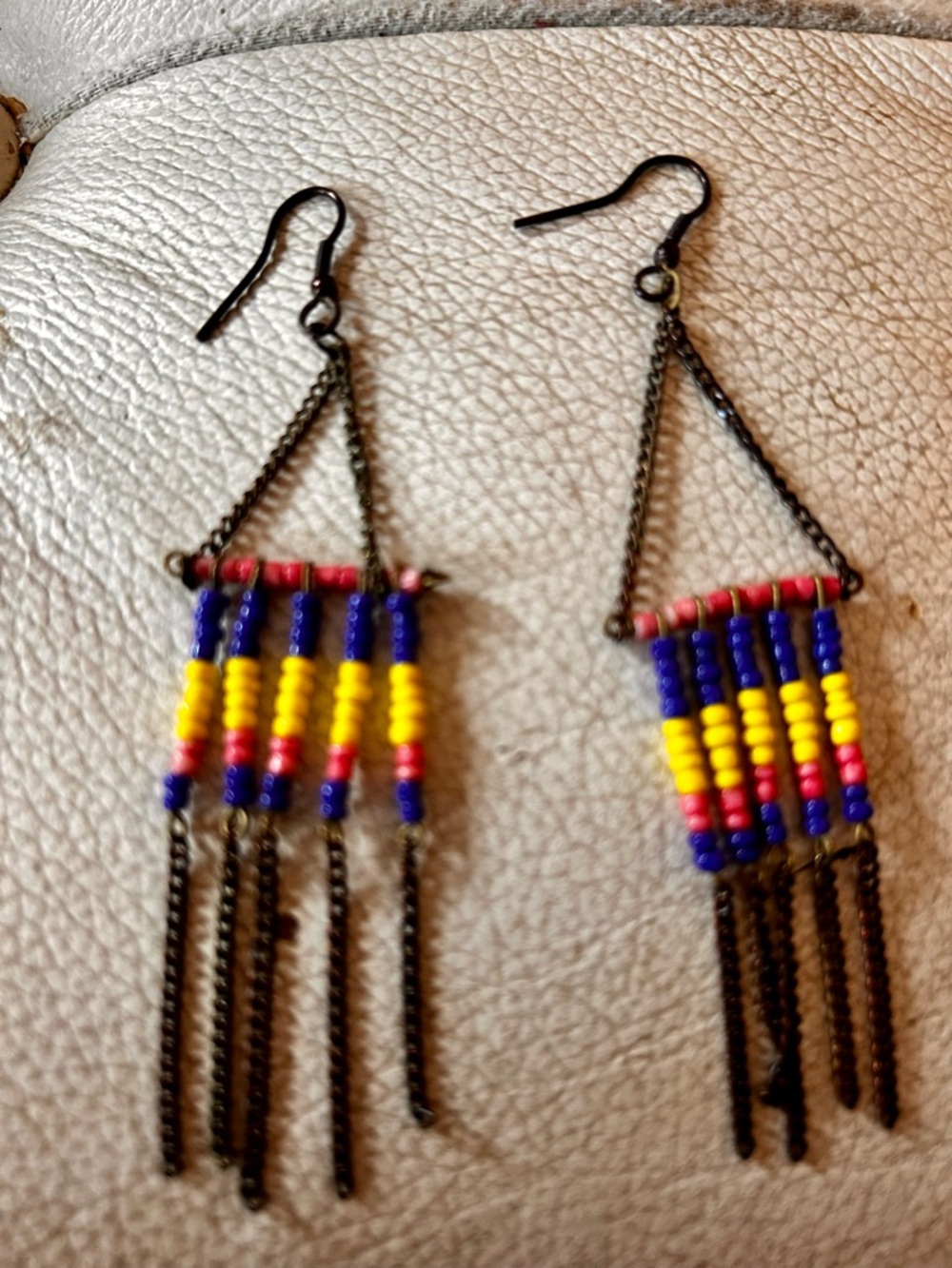Beaded Fringe Drop Earrings - Yellow, Blue & Red
